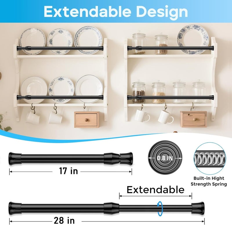 ZipGlo Tension Curtain Rod 17-28 inch Small Tension Rods Black Adjustable Spring Tension Curtain Rods 4PCS Mini Curtain Rod Short for Cupboard Closet Rod Kitchen Drawers No Drill Cupboard Cabinets - Image 3